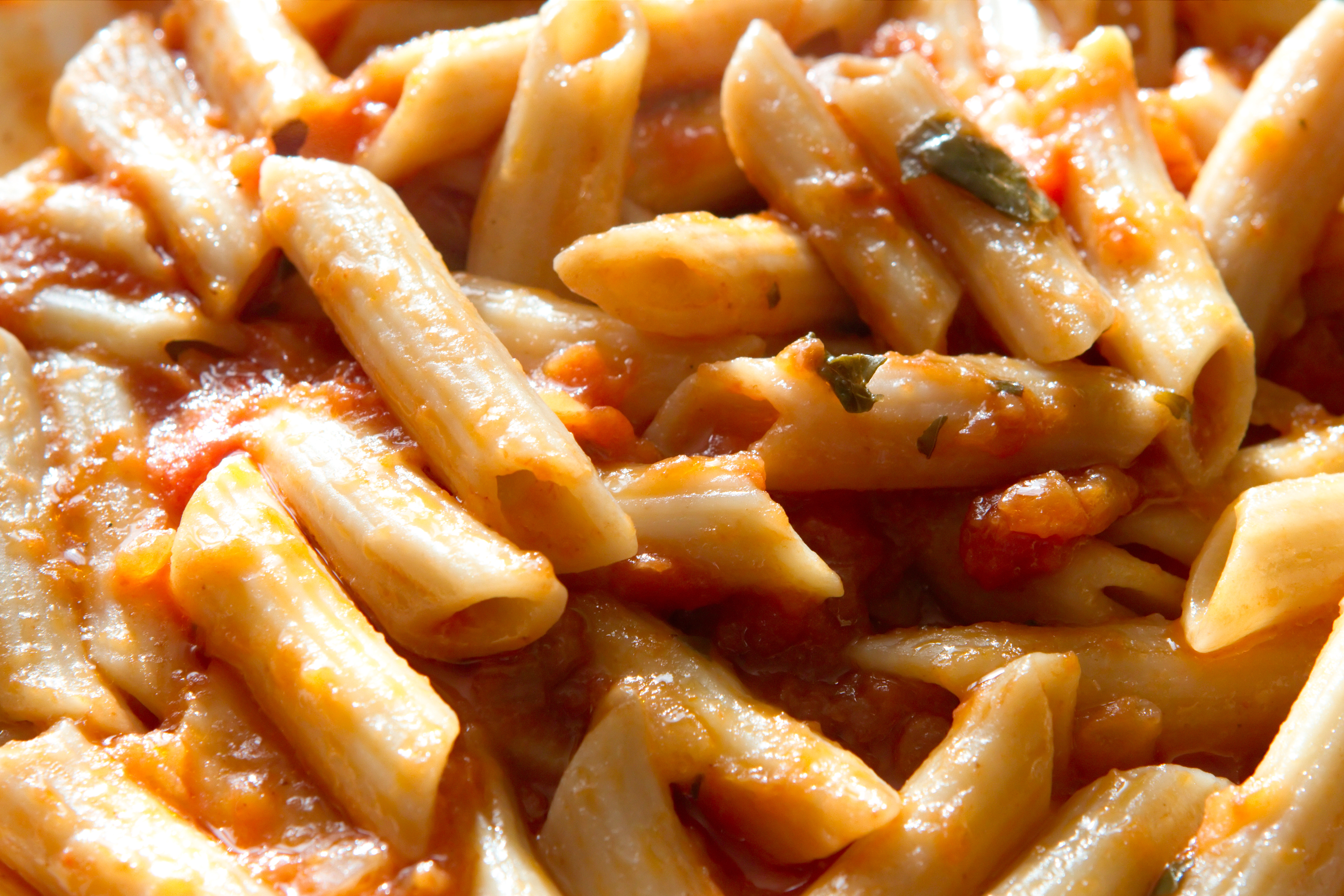 Close-up of plain penne pasta in a simple tomato sauce with a little basil