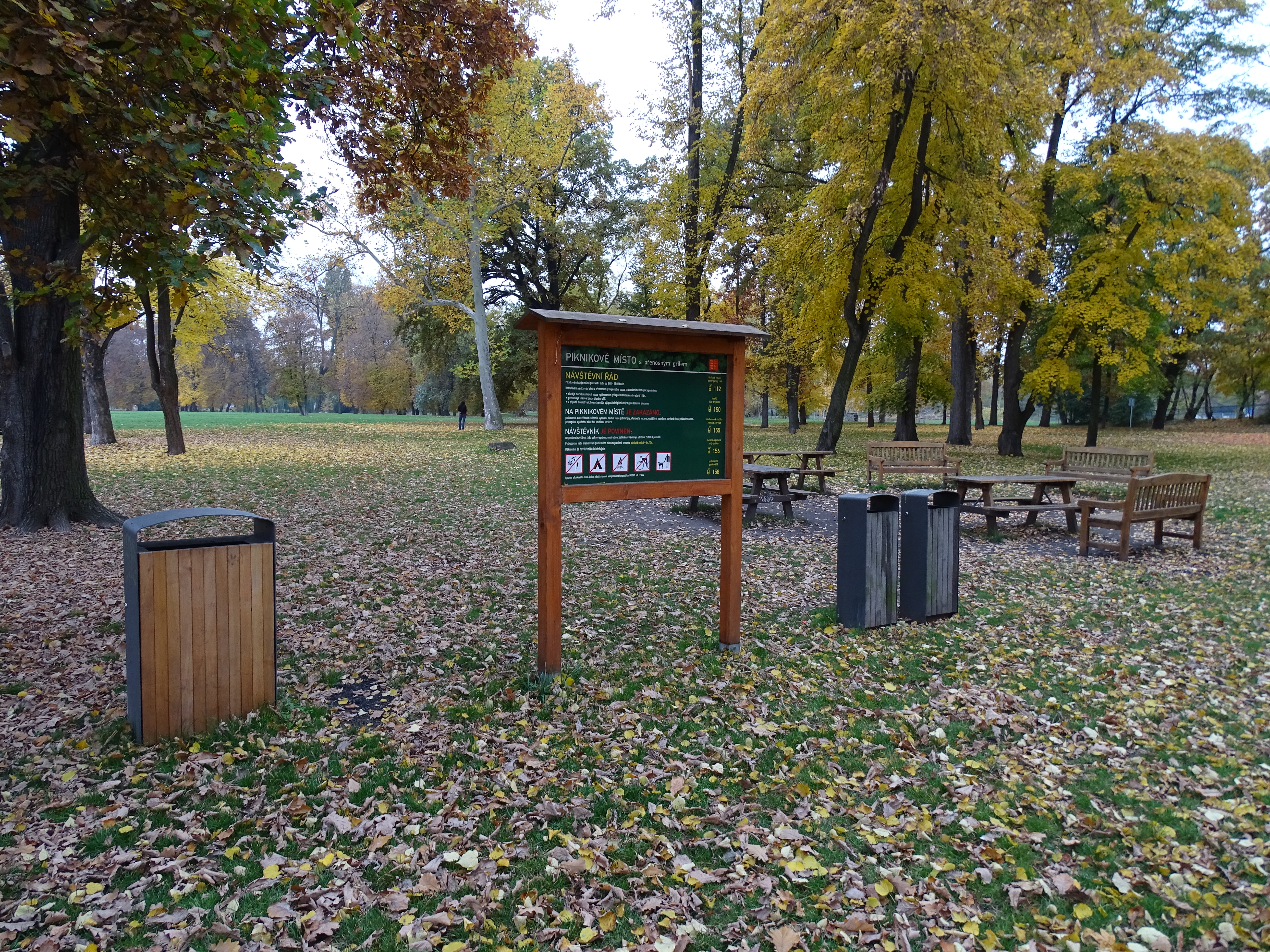 A park picnic area with wooden benches and tables under autumn trees and a notice board